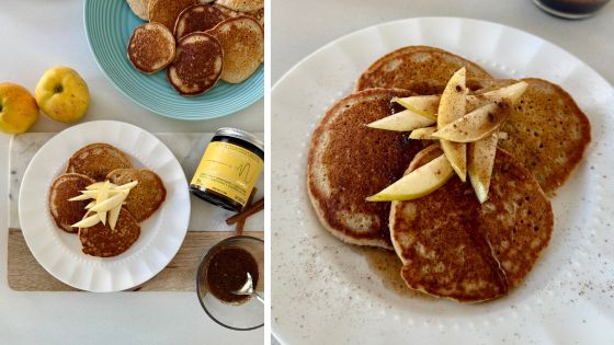 Apple cinnamon oat pancakes topped with functional mushroom maple syrup